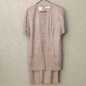 Vintage Karin Stevens Tan Embroidered Jacquard Dress 14